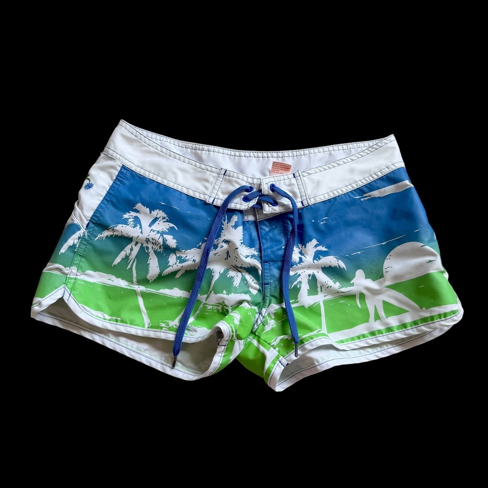 Y2K Raya Sun Women Blue Green Tropical Palm Tree Board Shorts Size S